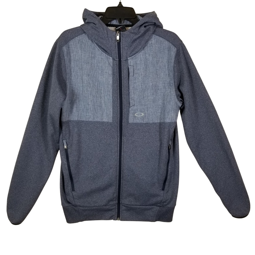 Oakley Mens Full Zip Hoodie Blue Gray Colorblock Mesh Lined Thumbholes Medium